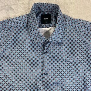 JEFF Button Down Shirt Mens XL Blue Geometric Circle Print Short Sleeve Cotton‎